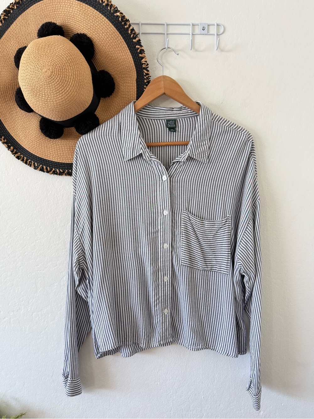 Wild Fable Blue & White Stripe Long Sleeve Cropped Button Down Top XXL Coastal